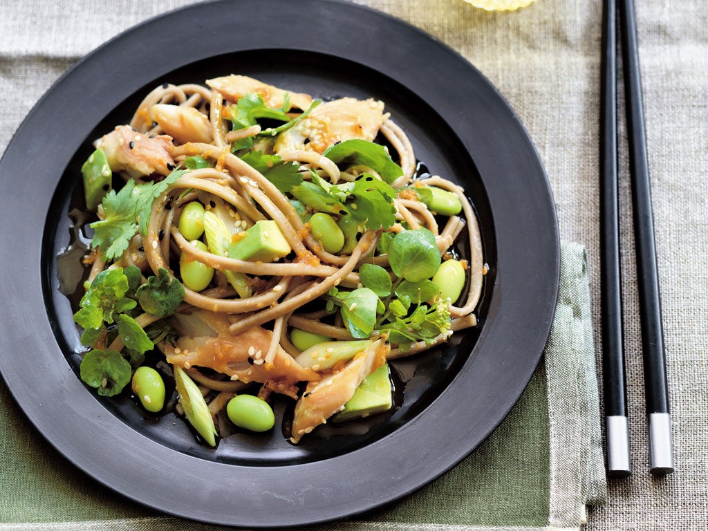 Smoked mackerel, asparagus and noodle salad with ginger miso dressing by Maria Elia