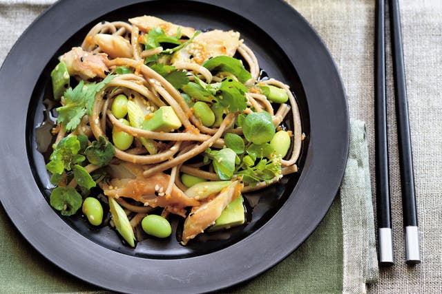 Smoked mackerel, asparagus and noodle salad with ginger miso dressing by Maria Elia