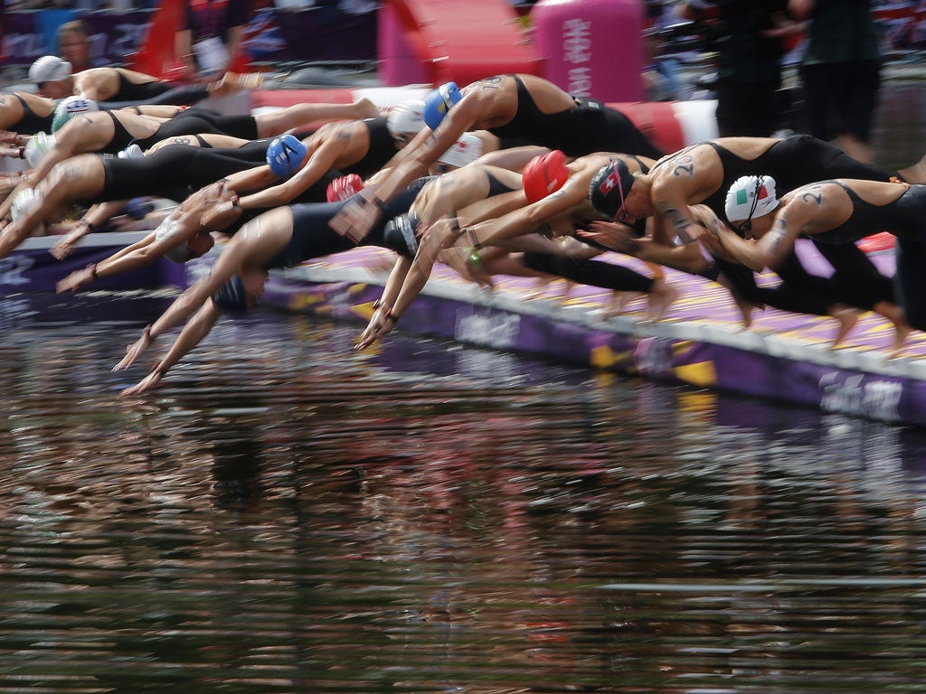 Competitors at the start of yesterday's swim