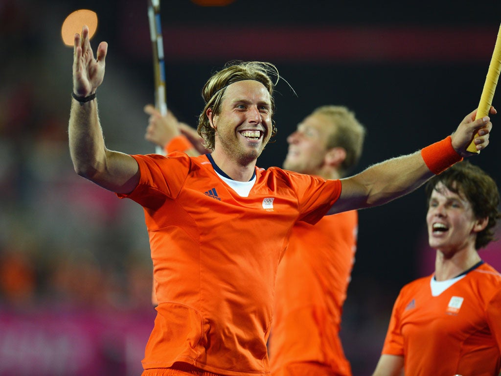 Roderick Weusthof of Netherlands celebrates scoring his team's ninth goal during the Men's Hockey Semi Final match between Netherlands and Great Britain