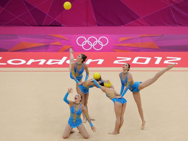 Team GB's Rhythmic Gymnastics group perform with five balls