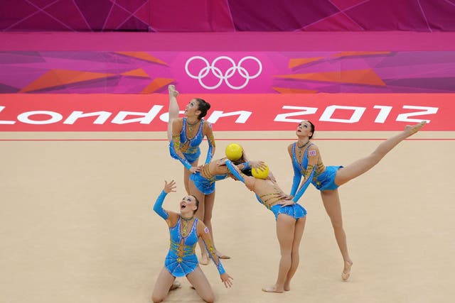 Team GB's Rhythmic Gymnastics group perform with five balls