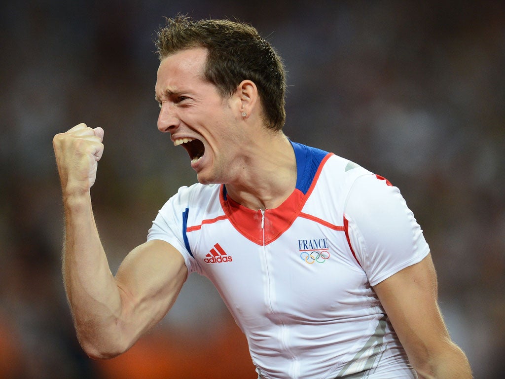 Renaud Lavillenie shows his delight at winning the pole vault