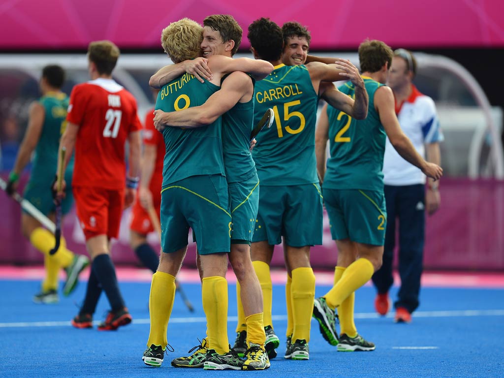 August 11, 2012: The Australian players celebrate their 3-1 victory over Great Britain in the bronze medal match