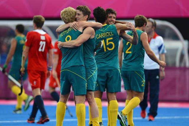 August 11, 2012: The Australian players celebrate their 3-1 victory over Great Britain in the bronze medal match