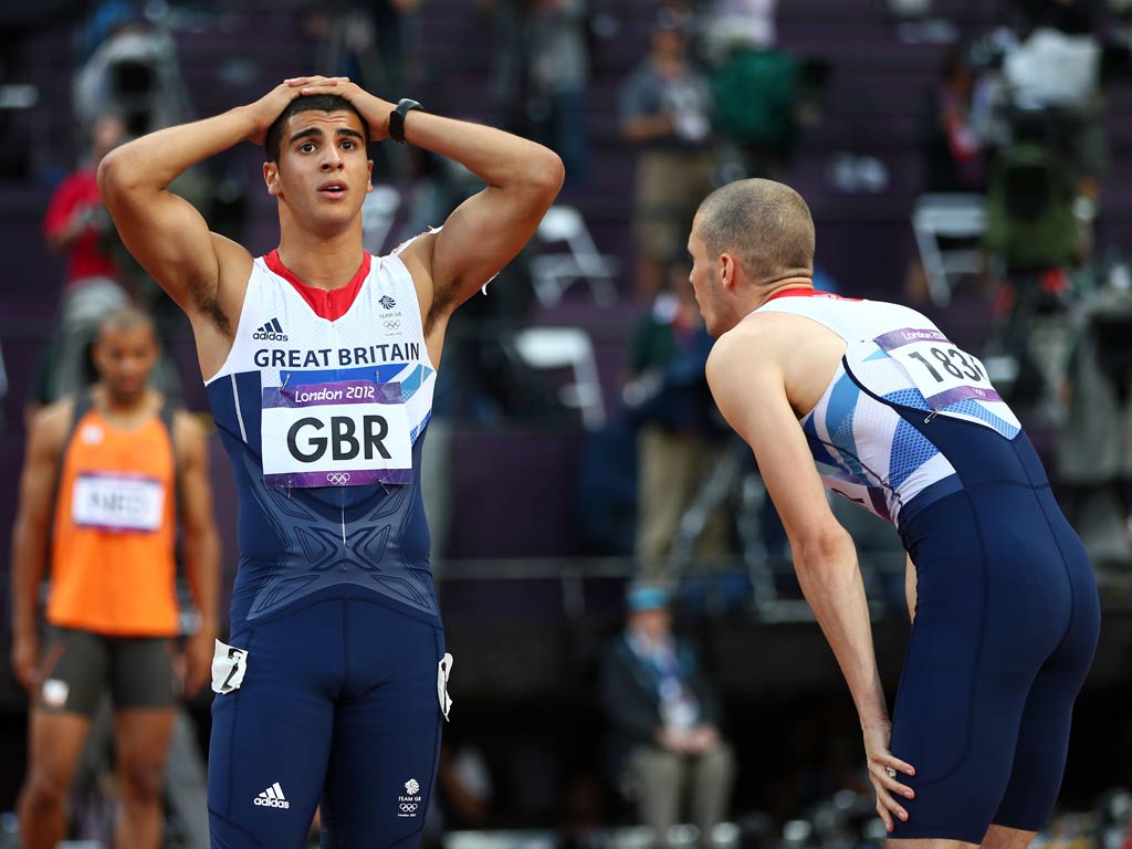 <b>London 2012: </b>Christian Malcolm, Dwain Chambers, Dan Talbot and Adam Gemili became the latest Team GB relay squad to flounder. While they didn't drop the baton, they did find themselves disqualified. Gemili collected the baton from Dan Talbot, but far after the yellow mark on the track by which point the changeover must be completed. The crowd inside the Olympic Stadium were in raptures as they finished second, only behind the Jamaicans. But the cheers quickly turned to groans when it was announced they had been penalised.