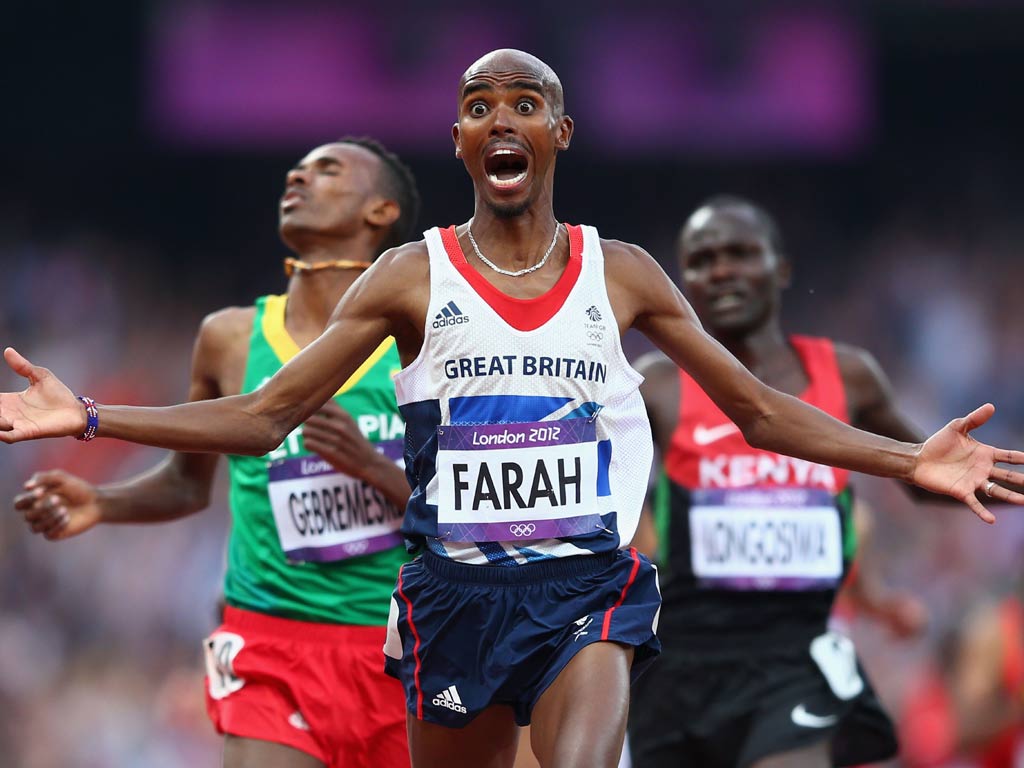 August 11, 2012: Mo Farah celebrates his 5000 metres victory in the Olympic Stadium