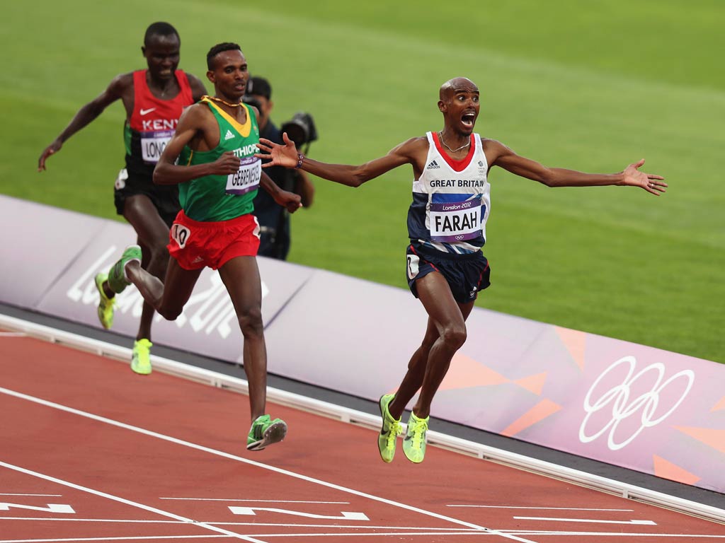 August 11, 2012: Mo Farah celebrates his 5000 metres victory in the Olympic Stadium