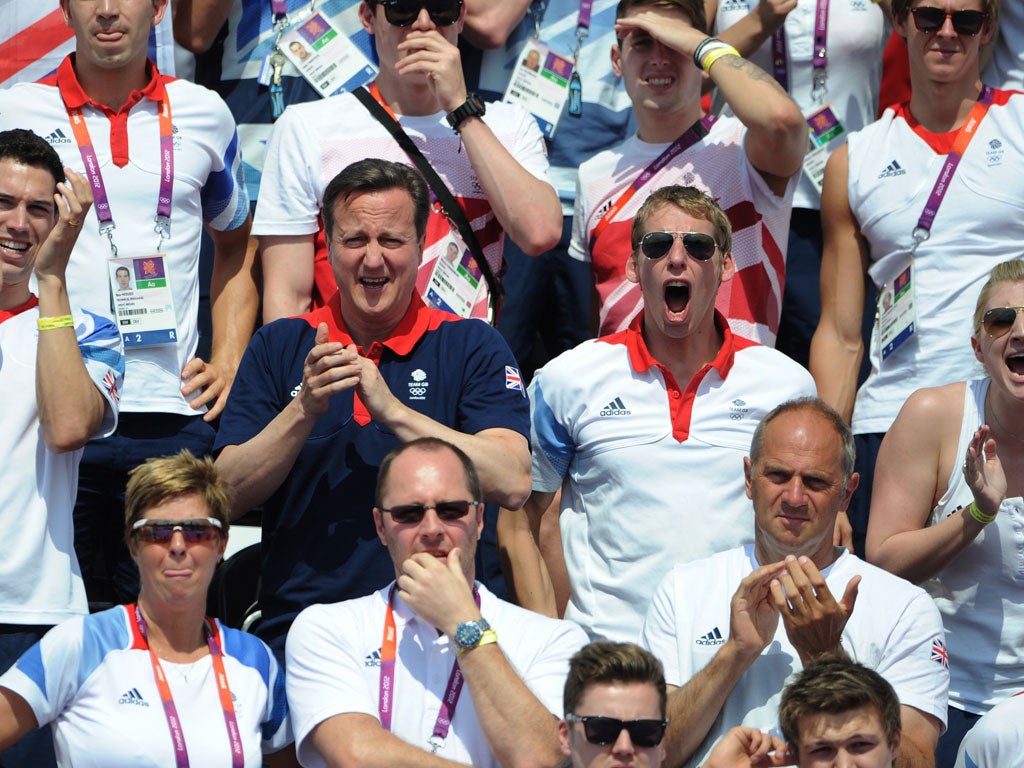 In the stands: David Cameron cheers on swimmer Keri-Anne Payne