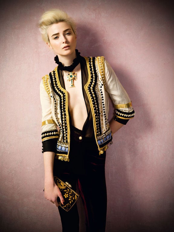 High-street heroes: velvet jeans £35, embellished jacket £70, box bag £30