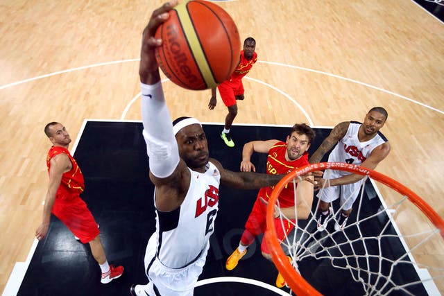 August 12, 2012: LeBron James of the United States dunks during the men's basketball gold medal game against Spain