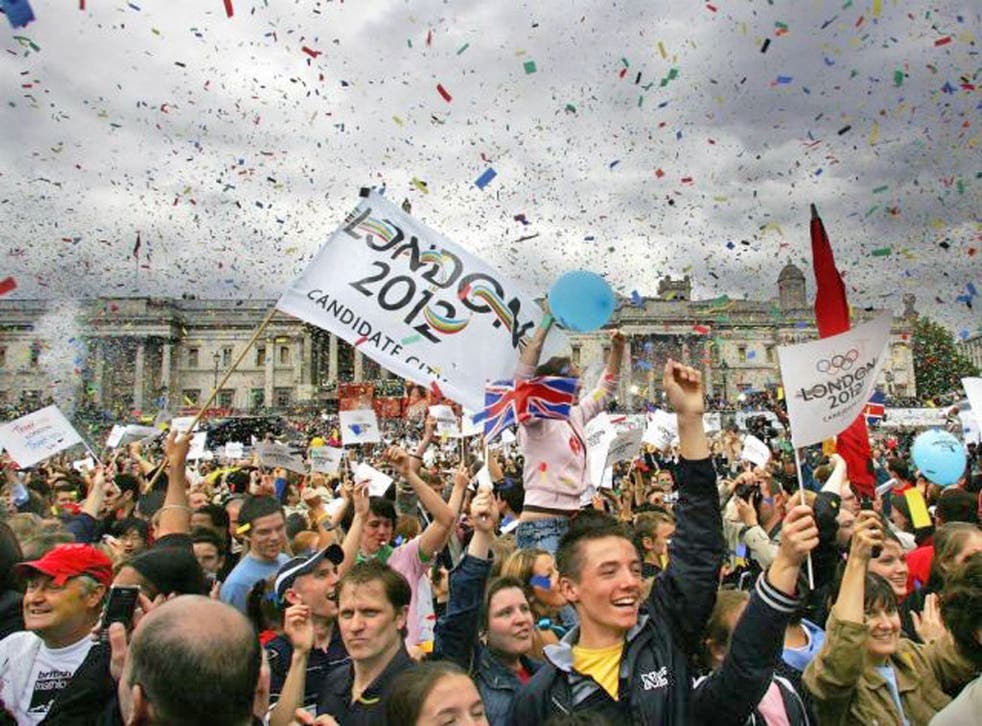 6 July 2005: Londoners in Trafalgar Square celebrate the announcement that their city will host the 2012 Olympic Games