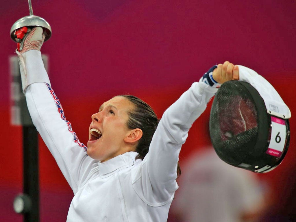 Samantha Murray celebrates during the fencing yesterday