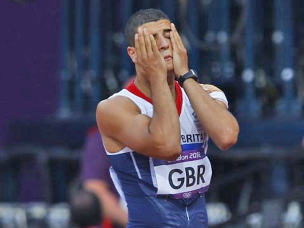 1. Head in hands: Britain’s young sprinting hope Adam Gemili shows his miseryafter messing up the baton  exchange in the 4x100m semifinal, thus depriving Team GB of a place in the final. British teams have now been cursed by botched baton handoffs in five of the last six major championships