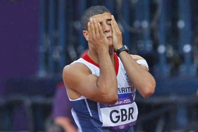 1. Head in hands: Britain’s young sprinting hope Adam Gemili shows his miseryafter messing up the baton  exchange in the 4x100m semifinal, thus depriving Team GB of a place in the final. British teams have now been cursed by botched baton handoffs in five of the last six major championships