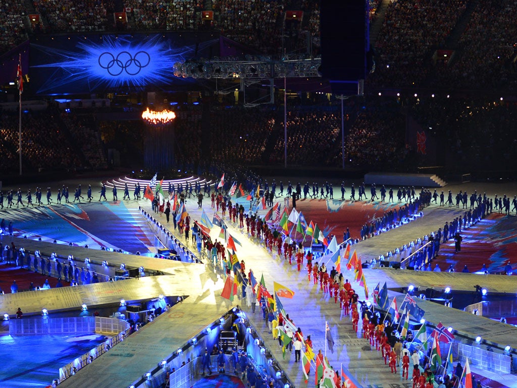 The athletes enter the stadium for the closing ceremony