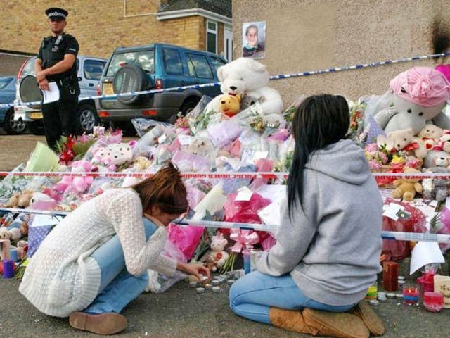 A makeshift shrine to Tia Sharp in New Addington yesterday