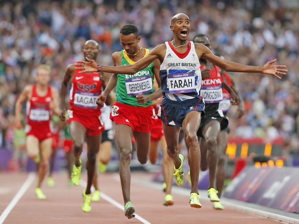 August 11, 2012: Mo Farah reacts as he wins the men's 5000m final at the London 2012 Olympic Games at the Olympic Stadium