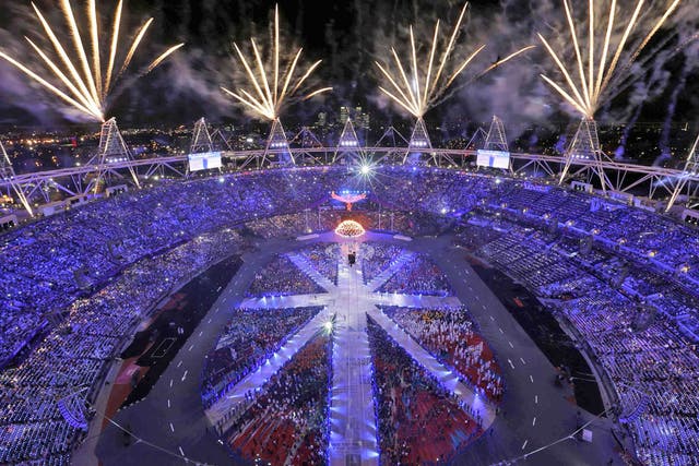 August 12, 2012: Fireworks explode during the closing ceremony of the London 2012 Olympic Games at the Olympic Stadium