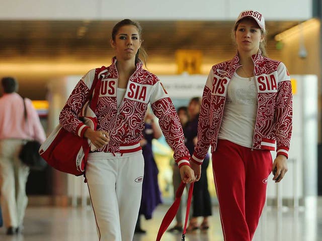 Members of the Russian Rhythmic Gymnastic team arrive at the departure lounge at Heathrow's Terminal 4