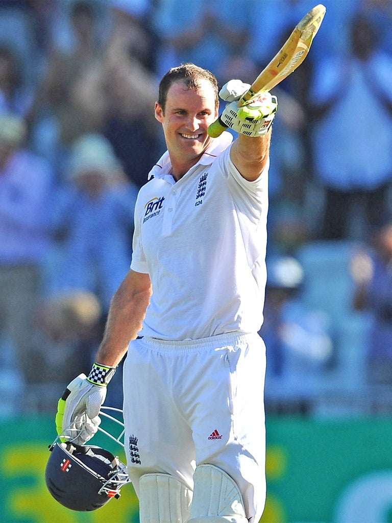 Andrew Strauss celebrates his 21st Test century, against West Indies in May