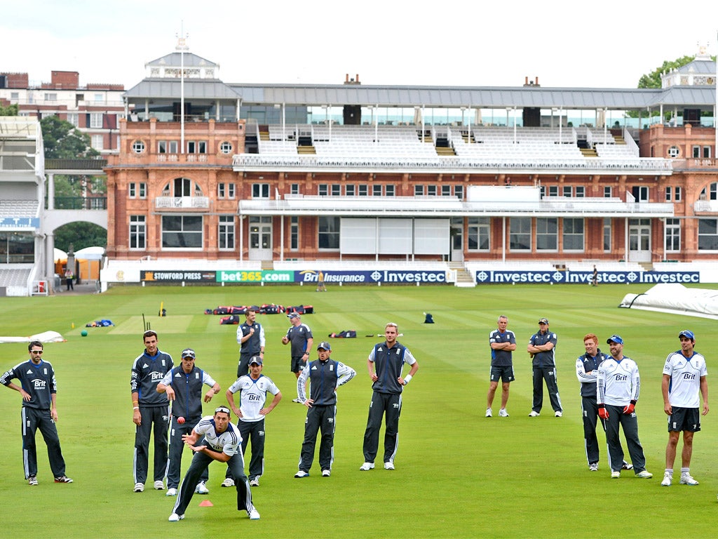 The England players go through a fielding drill at Lord’s yesterday