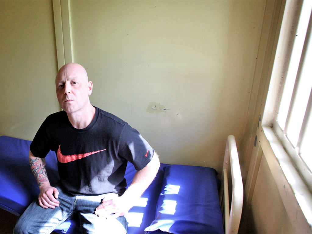 Jamie Harris in his cell on the drug rehabilitation wing at The Mount prison in Bovingdon, Hertfordshire