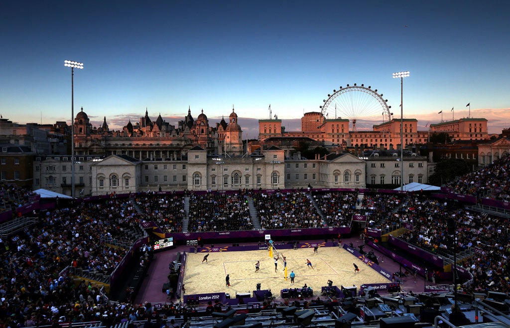 London calling The sun sets over our capital's gorgeous skyline - but beneath, the tension mounts as Brazil's Pedro Cunha and Ricardo Santos take on Tarjei Viken Skarlund and Martin Spinnangr of Norway, in the men's beach volleyball on Horse Guards Pa