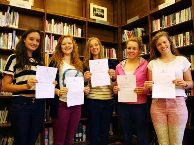 From right to left: Rebecca Bland, Liz Hierons, Sophie Thompson, Emily Wilson, and Hannah Knox all hold their A-level results at Central Newcastle High School