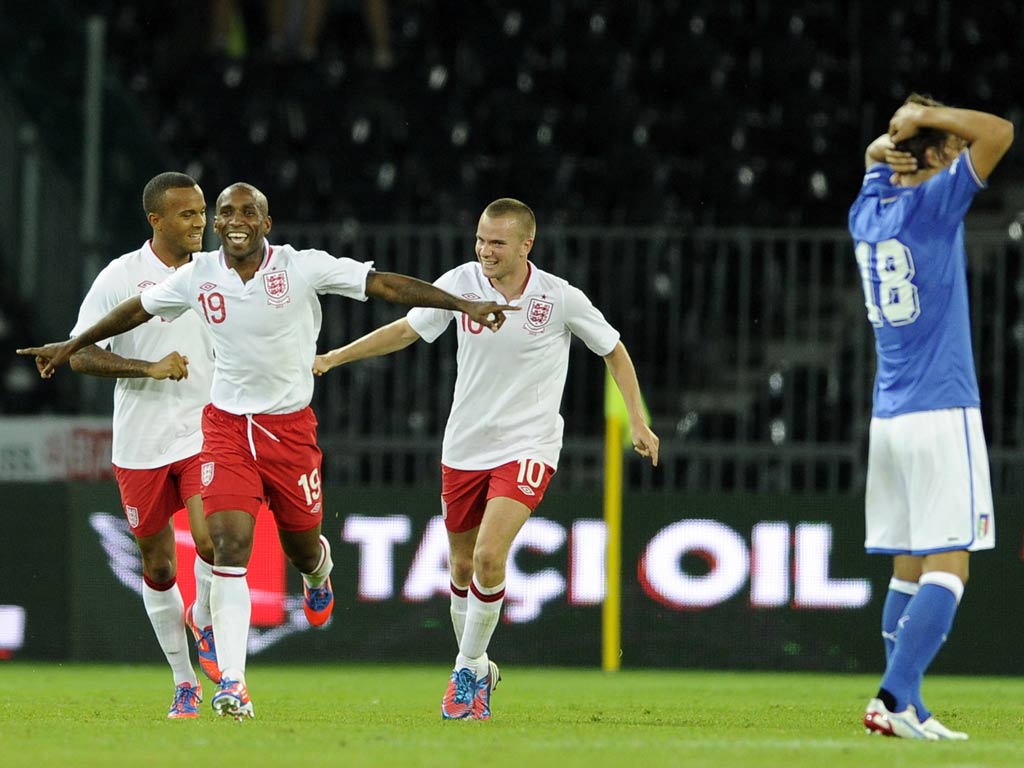Jermain Defoe celebrates his match winning goal against Italy