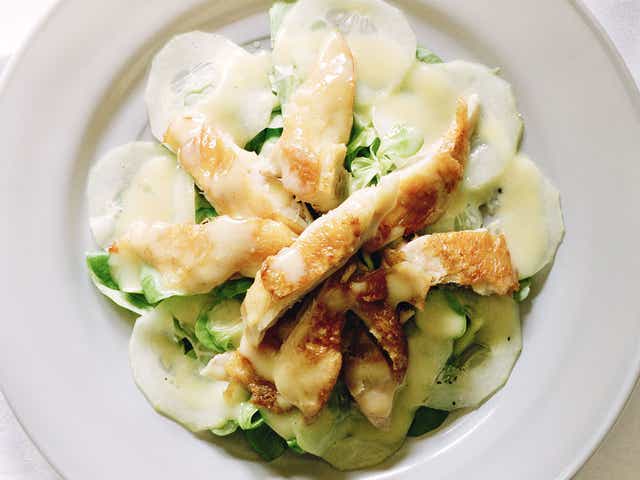 Hot chicken salad with sweet mustard dressing, by Simon Hopkinson