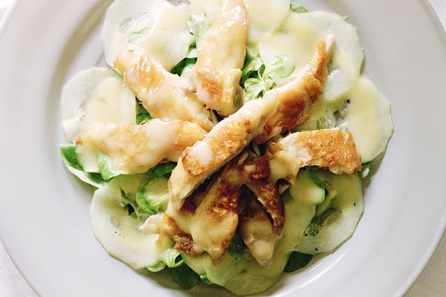 Hot chicken salad with sweet mustard dressing, by Simon Hopkinson