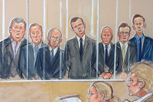 A court drawing shows, L-R: Miskiw, Thurlbeck, Kuttner, Coulson, Edmondson, Weatherup and Mulcaire in the dock