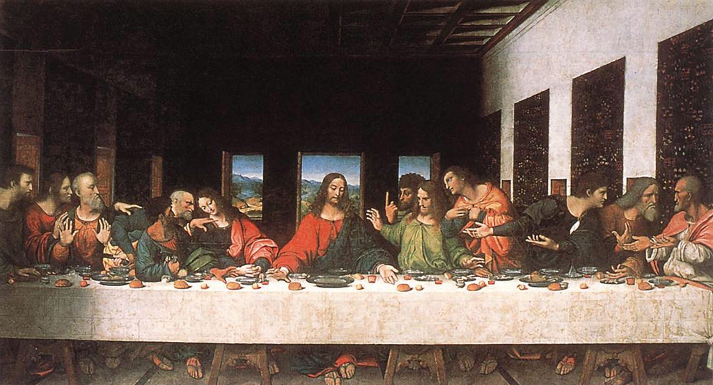 The Last Supper: James the Lesser/Leonardo, second from left. Thomas/Leonardo, sixth from right, with extended finger