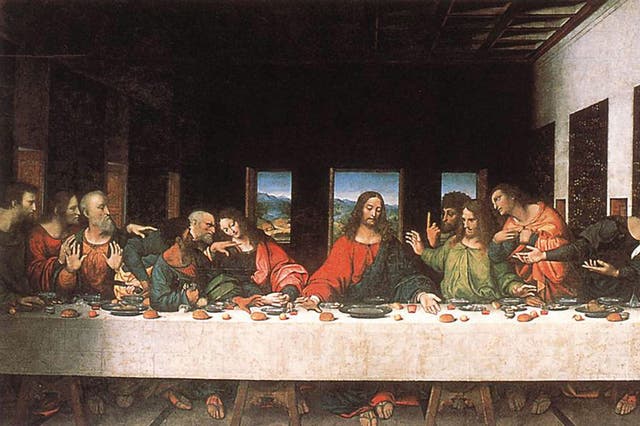 The Last Supper: James the Lesser/Leonardo, second from left. Thomas/Leonardo, sixth from right, with extended finger