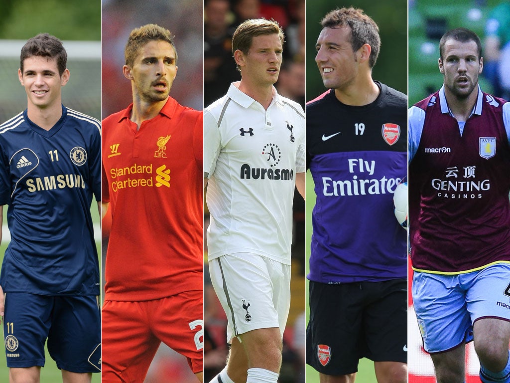 From left to right: Chelsea's Oscar, Liverpool's Fabio Borini, Tottenham's Jan Vertonghen, Arsenal's Santi Cazorla, Villa's
Ron Vlaar