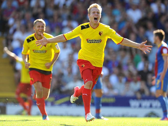 Comeback kid: Watford striker Matej Vydra celebrates his late winner