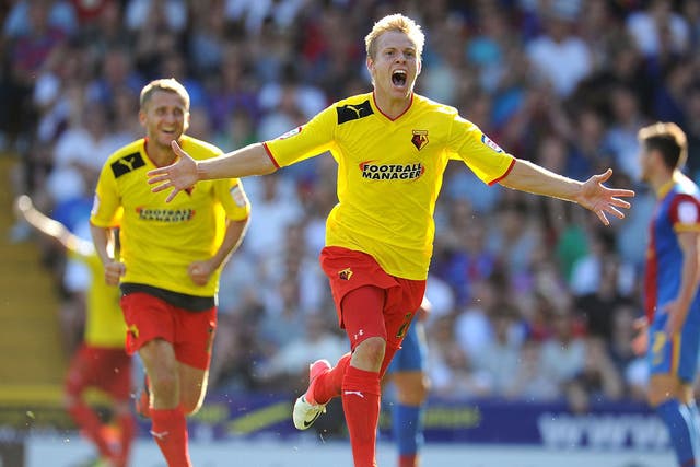 Comeback kid: Watford striker Matej Vydra celebrates his late winner