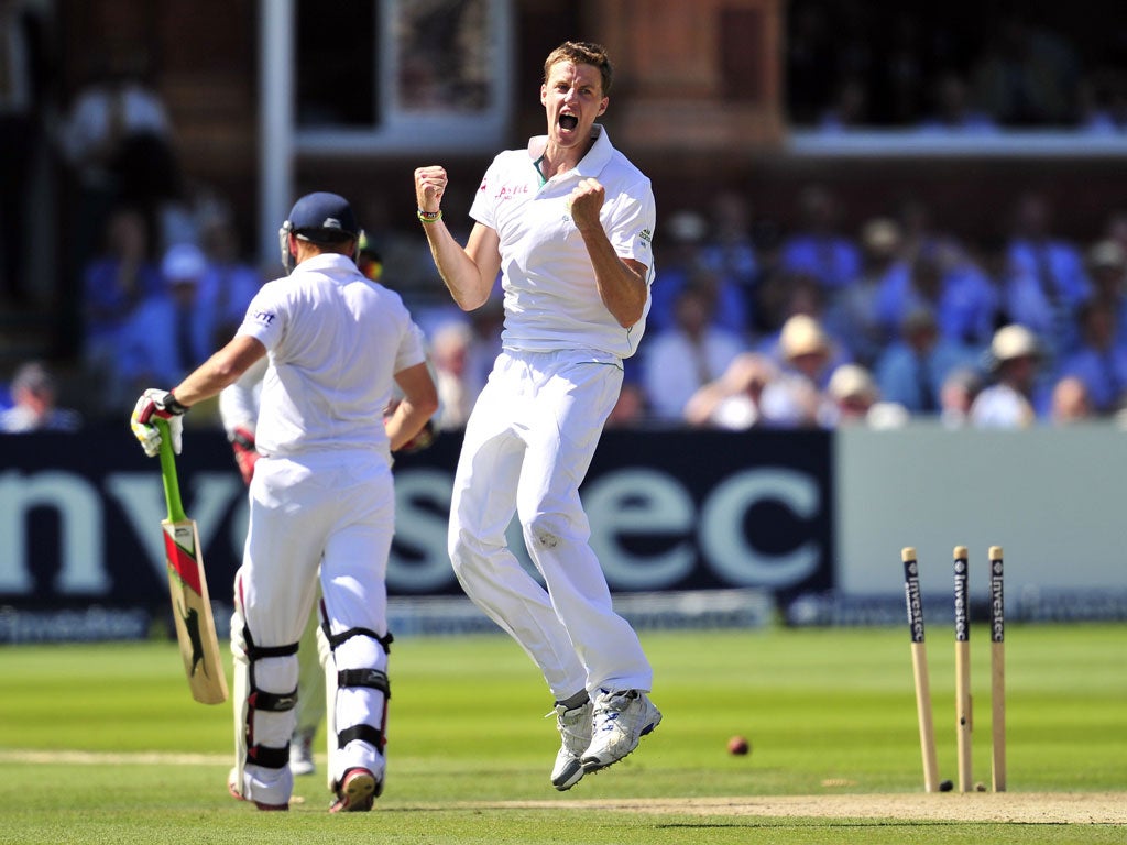 Marching orders: South Africa bowler Morne Morkel celebrates the wicket of Jonny Bairstow at Lord's yesterday