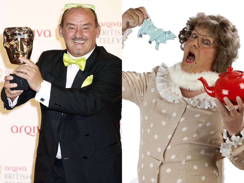 Milking the laughs: Brendan O'Carroll with his Bafta, and as his alter ego Mrs Brown