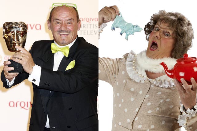 Milking the laughs: Brendan O'Carroll with his Bafta, and as his alter ego Mrs Brown
