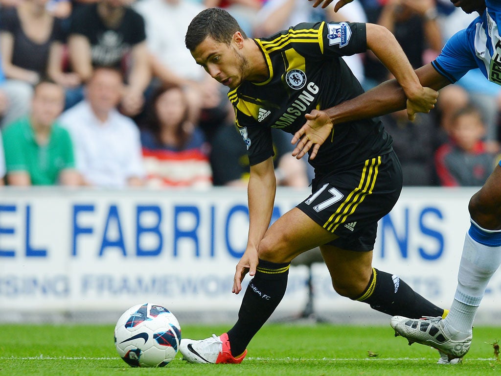 Debutant Eden Hazard played a starring role in Chelsea's win over Wigan this afternoon