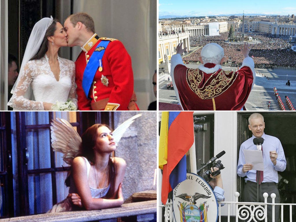 From a balcony: (Clockwise from top left) Kate and William, the Pope, Julian Assange and Claire Danes as Juliet