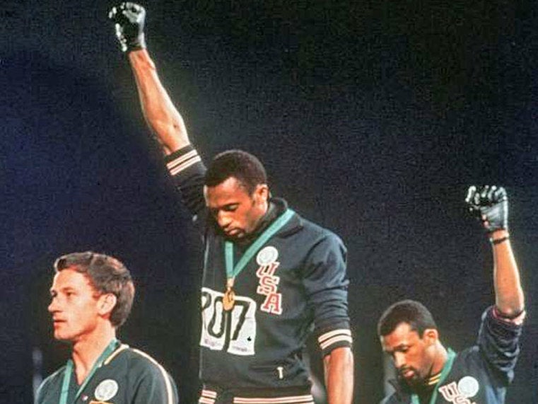 From left, Peter Norman with Tommie Smith and John Carlos in 1968
