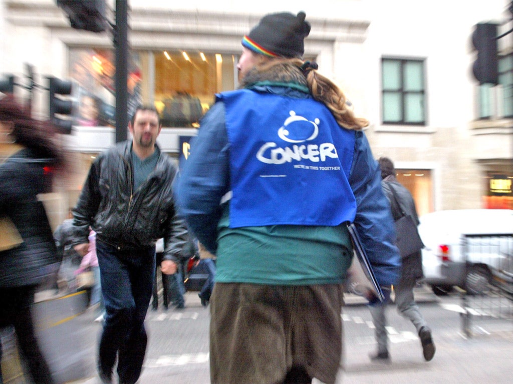 Chuggers can no longer approach people visibly going to work. Cue high streets of commuters dressed as The Village People