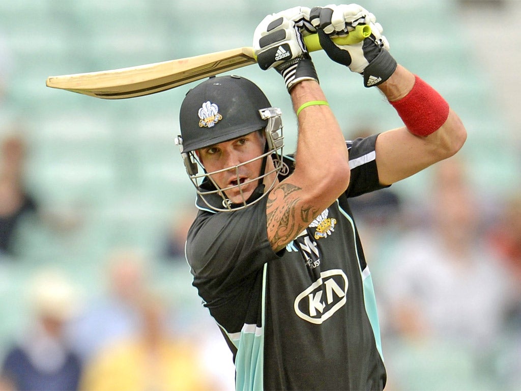 Kevin Pietersen bats for Surrey against Glamorgan yesterday – but was bowled by his former 2005 Ashes-winning team-mate Simon Jones for 43