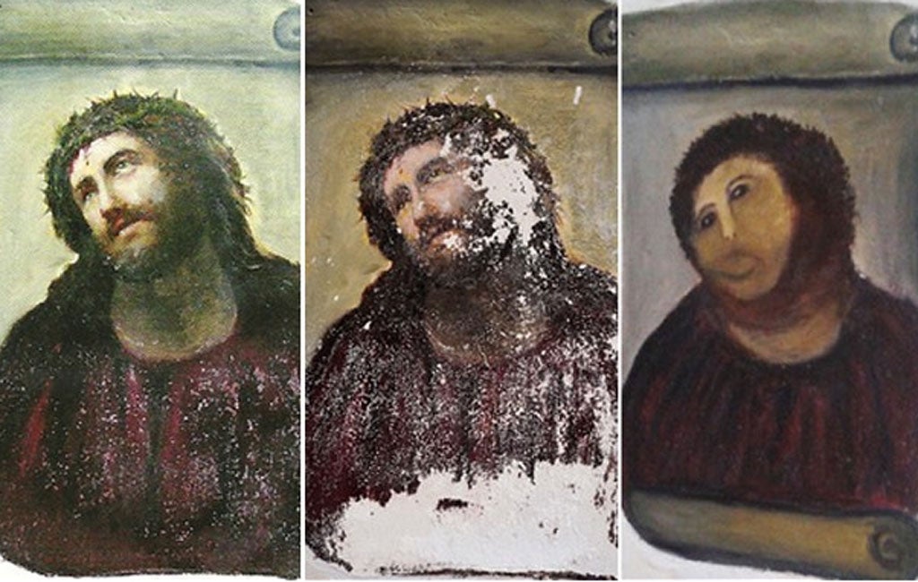 Three separate photos show the extent of the damage done by the unnamed woman to Elias Garcia Martinez’s work ‘Ecce Homo’.