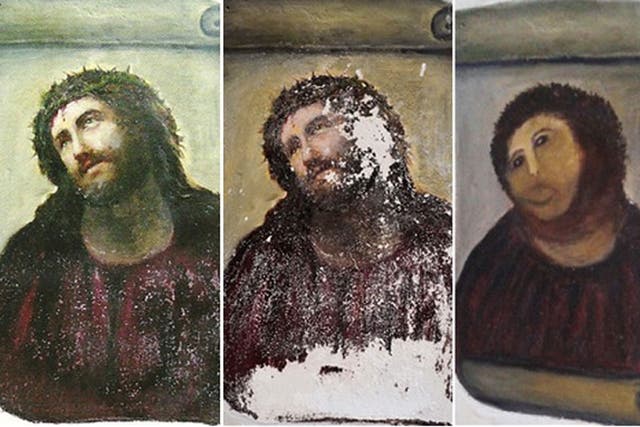 Three separate photos show the extent of the damage done by the unnamed woman to Elias Garcia Martinez’s work ‘Ecce Homo’.