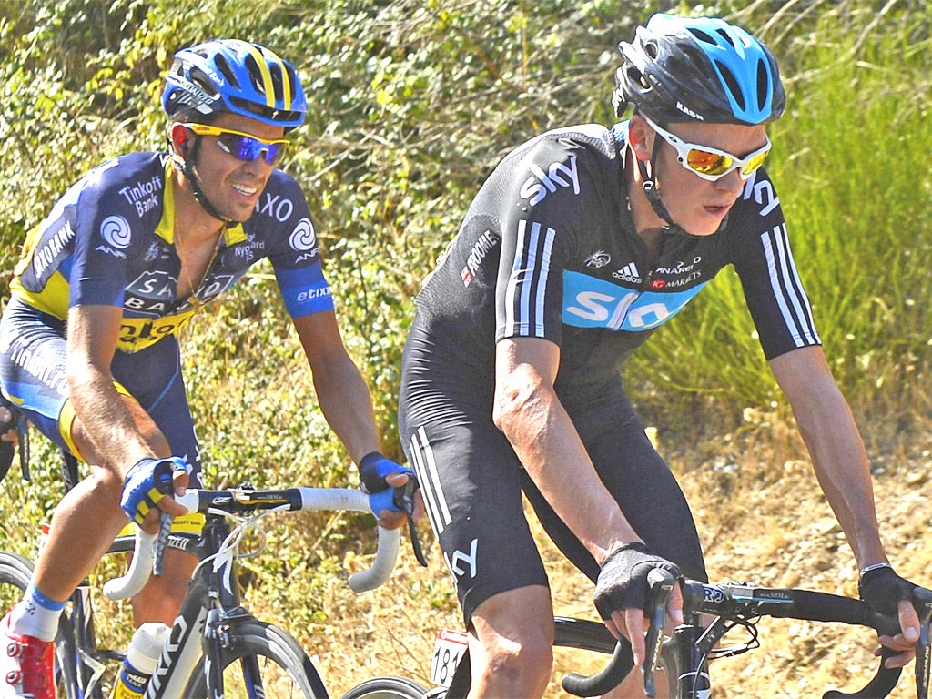 Chris Froome leads Alberto Contador yesterday