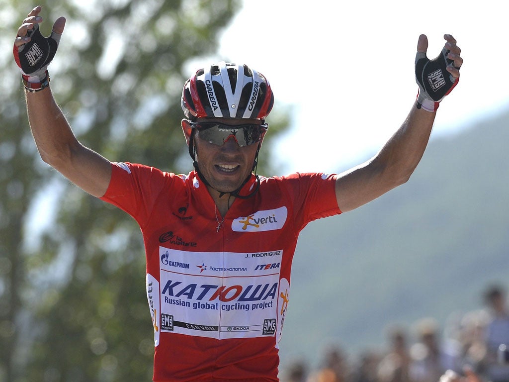 Katusha Team rider Joaquim Rodriguez celebrates victory